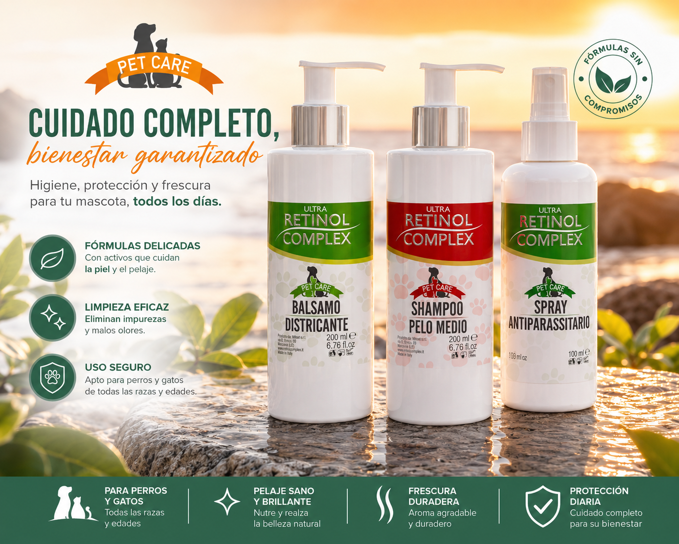 Kit Premium de Baño para Perros 3 en 1 – Limpieza Profunda, Brillo Sedoso y Protección Antiparasitaria