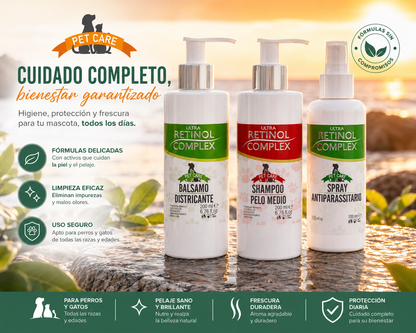 Kit Premium de Baño para Perros 3 en 1 – Limpieza Profunda, Brillo Sedoso y Protección Antiparasitaria