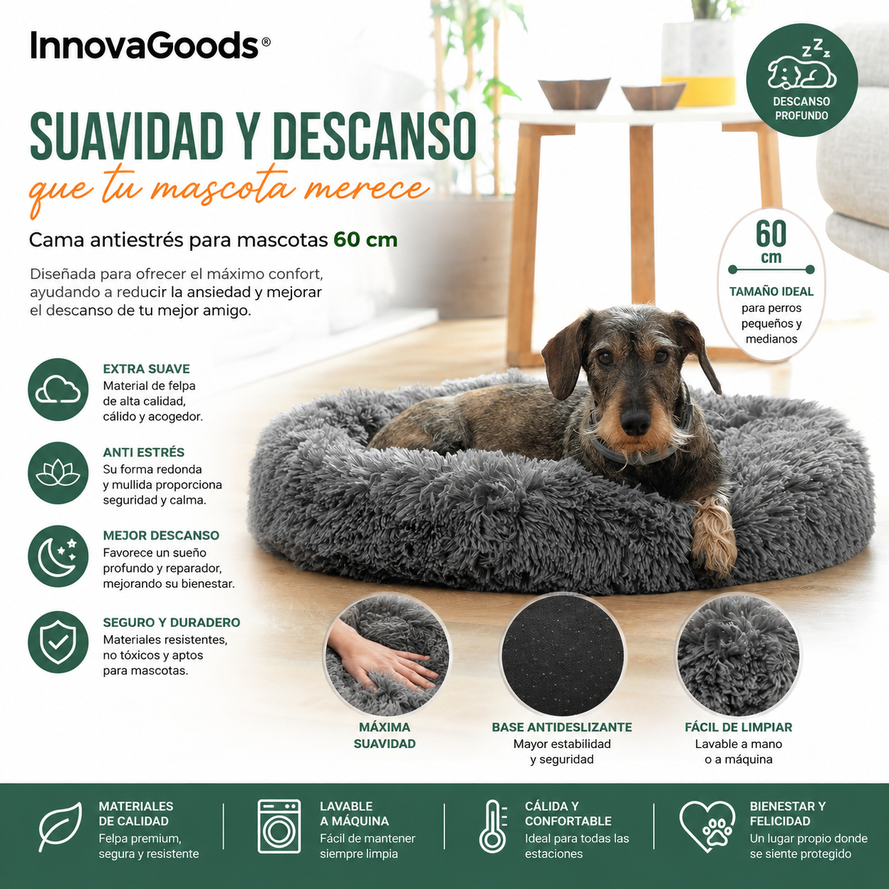 Cama Antiestrés para Mascotas 60 cm – Sueño Profundo y Máxima Comodidad