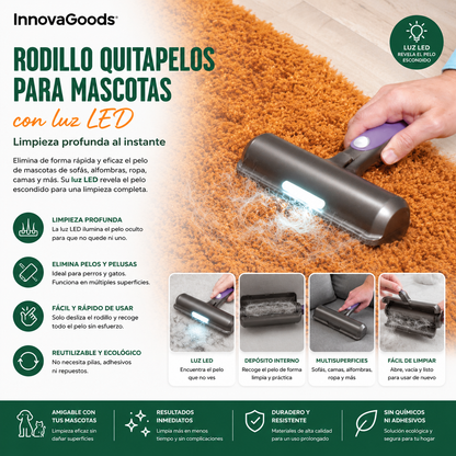 Rodillo Quitapelos para Mascotas con Luz LED – Limpieza Profunda al Instante
