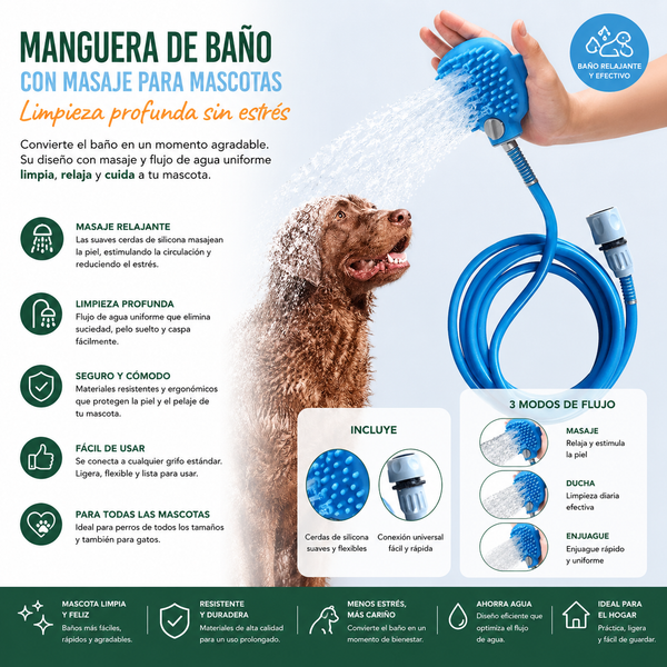 Manguera de Baño con Masaje para Mascotas – Limpieza Profunda sin Estrés