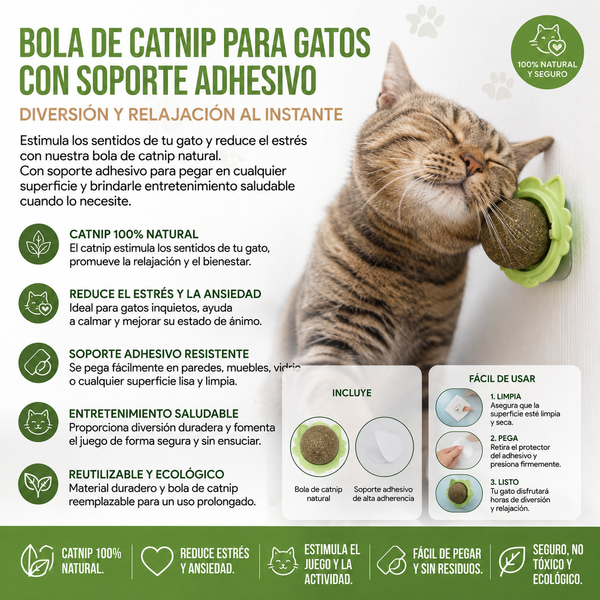 Bola de Catnip para Gatos con Soporte Adhesivo – Diversión y Relajación al Instante