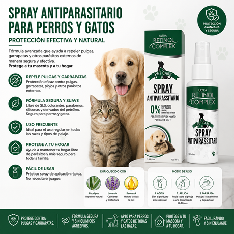 Spray Antiparasitario 100 ml para Mascotas – Protección Activa contra Pulgas y Garrapatas