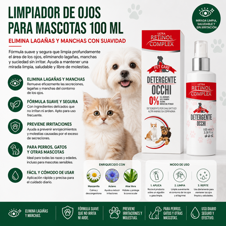 Limpiador de Ojos para Mascotas 100 ml – Elimina Lagañas y Manchas con Suavidad