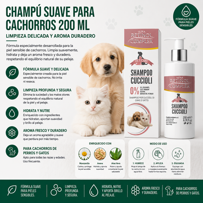 Champú Suave para Cachorros 200 ml – Limpieza Delicada y Aroma Duradero