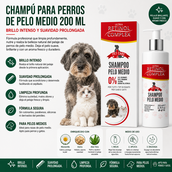 Champú para Perros de Pelo Medio 200 ml – Brillo Intenso y Suavidad Prolongada