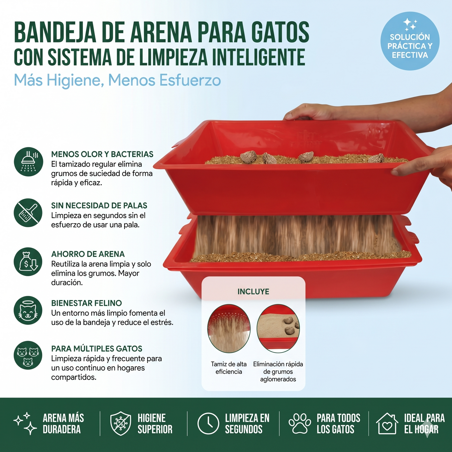 Bandeja de Arena para Gatos con Sistema de Limpieza Inteligente – Más Higiene, Menos Esfuerzo